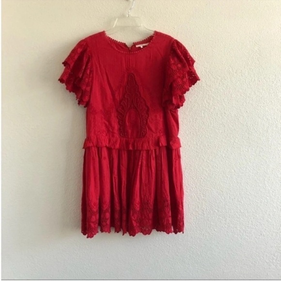 Tularosa Paula Lace Embroidered Ruffle Mini Dress Red - Picture 3 of 7